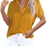 OMSJ Women's Button Down Shirts Satin V Neck Long Sleeve Casual Work Blouse Tops with Pocket